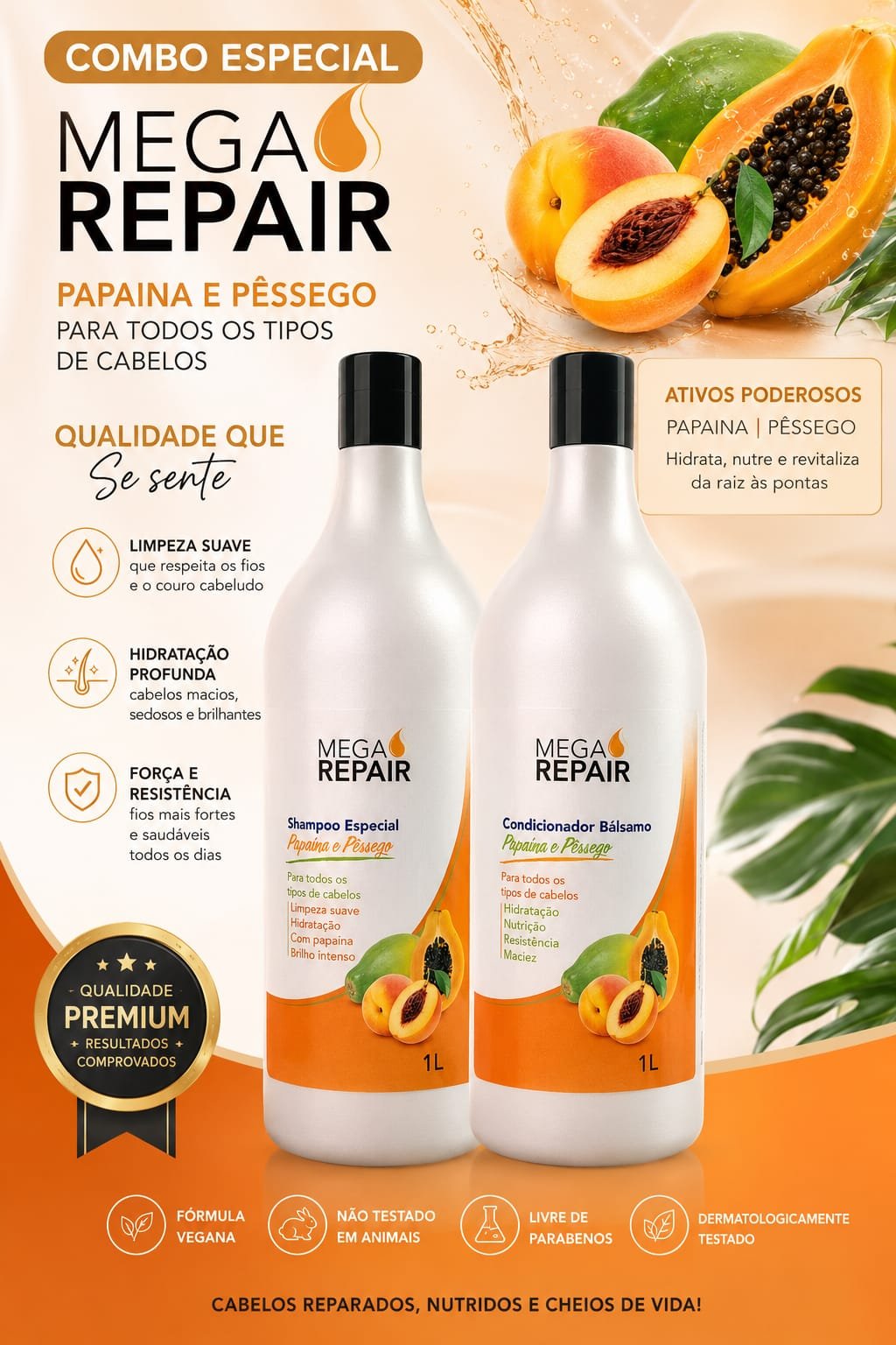 kit shampoo e condicionador papaia e pessego 1lt